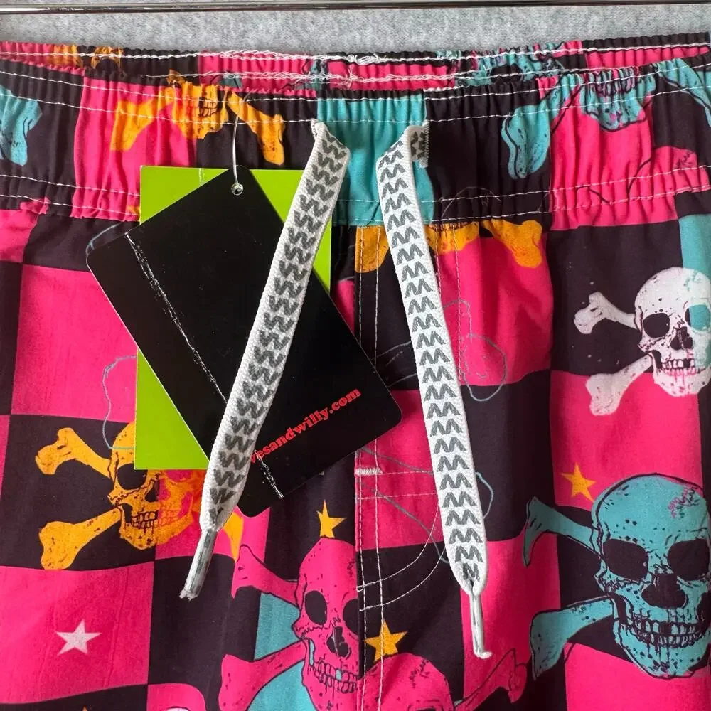 NWT Wes & Willy Youth Boys Check Skull Swim Trunks vibrant multicolored Large